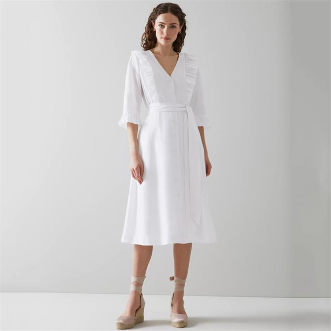 L.K. Bennett Anya White Linen Frill Detail Shirt Dress
